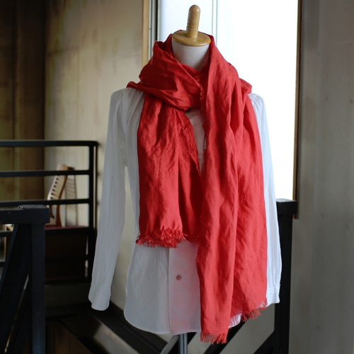 大判ストールW52 先染めリトアニアリネン トマトレッド スヌード inago