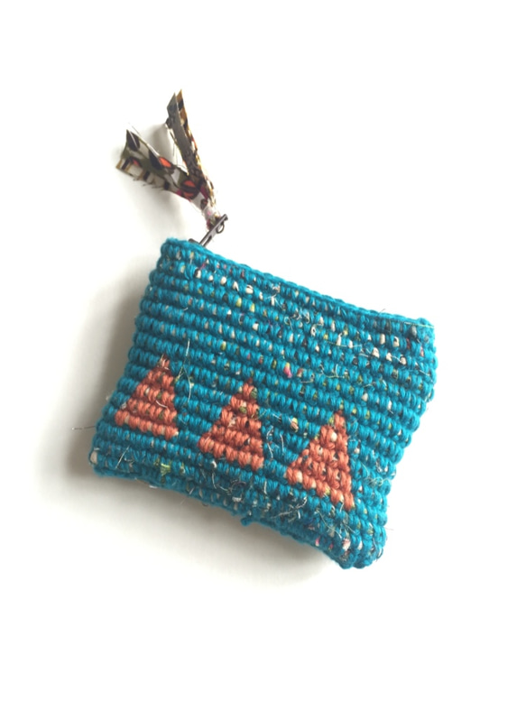 おさいふ Crochet coin Purse Blue & Brown 3枚目の画像
