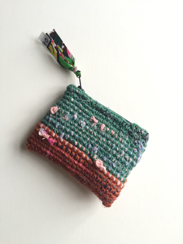 おさいふ Crochet coin Purse Green & Brown 1枚目の画像