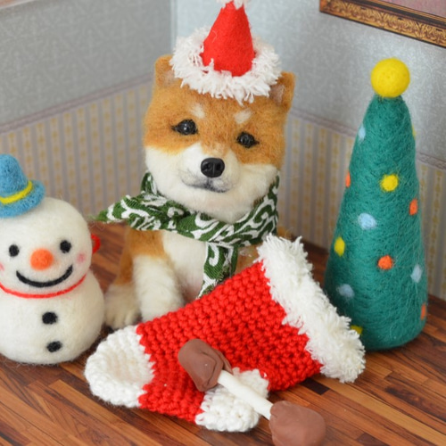 羊毛フェルト　犬　クリスマス　ツリー　置物 羊毛フェルト 犬 豆しばちゃんのクリスマス＆お正月2wayタイプ 羊毛
