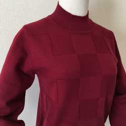パウダーウール　ブロック柄ハイネックセーター　ワインレッド 2枚目の画像