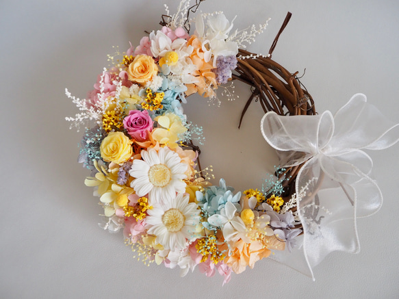 ガーベラとバラのカラフルなプリザーブドフラワー リース flower wreath 4枚目の画像