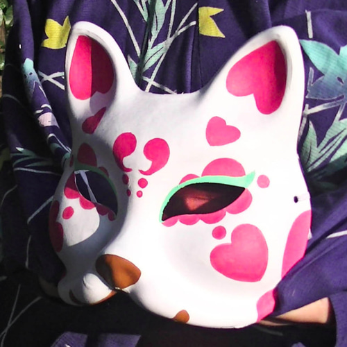 きつねのお面 ハンドメイド 狐 マスク 仮面 (赤白) 石膏塗り キツネ