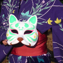 狐のお面（ライトグリーン）きつねキツネ　小道具　夏祭り　コスプレ 3枚目の画像