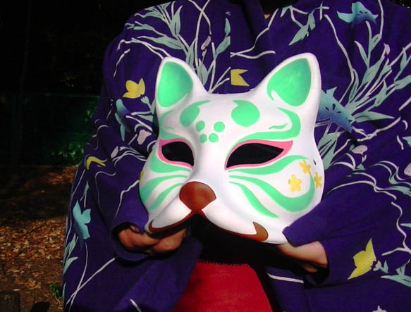 狐のお面（ライトグリーン）きつねキツネ　小道具　夏祭り　コスプレ 4枚目の画像