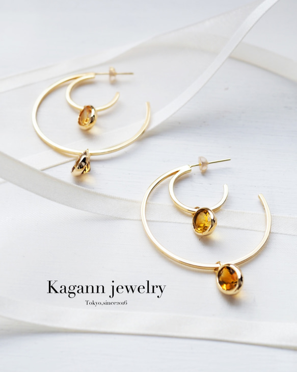 【受注制作】DOUBLE MOON hoop earrings〈Citrine〉 1枚目の画像