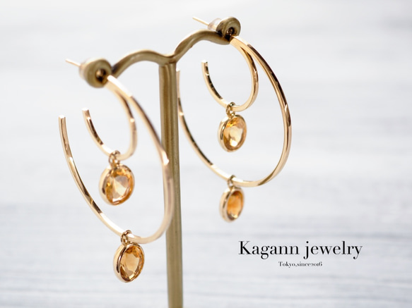 【受注制作】DOUBLE MOON hoop earrings〈Citrine〉 2枚目の画像