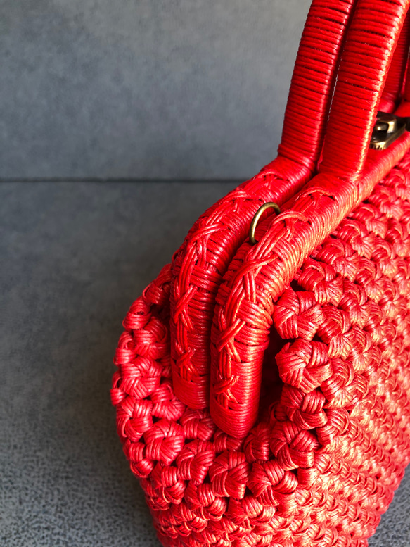 ⭐︎春セール　花結び編み　がま口カゴバッグ　　赤 6枚目の画像