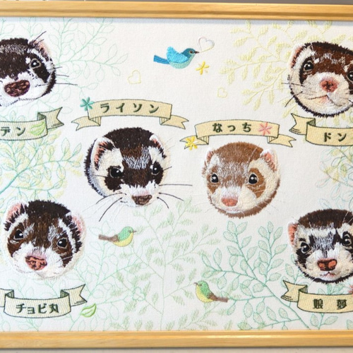 オーダー刺繍額 フェレット6頭 その他アート Embroidery福工房