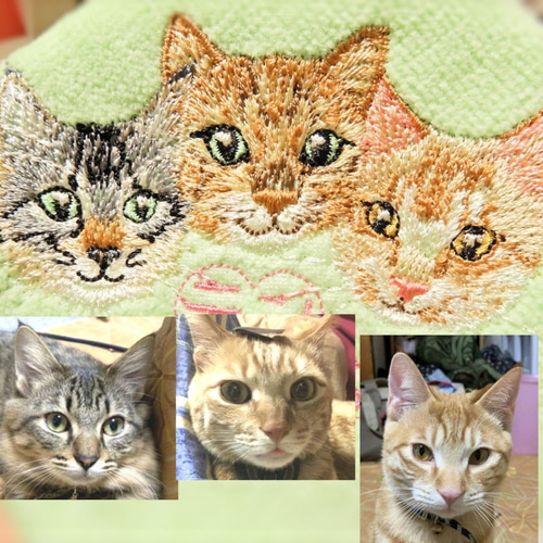 3匹の猫ちゃんの刺繍ハンカチ うちの子刺繍グッズ その他アート