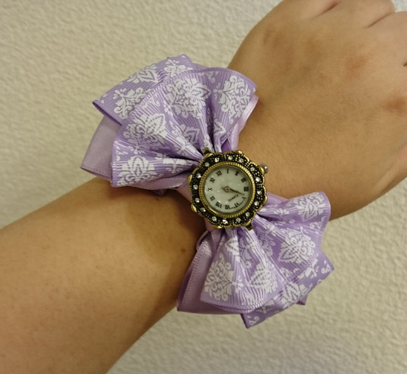 【受注制作】リボンウォッチ K's Ribbon watch 腕時計 シュシュタイプ 金属アレルギー対応 (パープル) 1枚目の画像