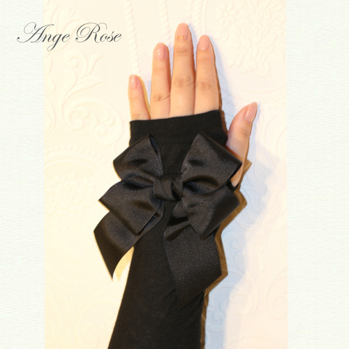 ハンドメイドリボンアームカバー　ブラック　ロングタイプ　UV ハンドメイドリボンアームカバー ブラック ロングタイプ UV 楽天