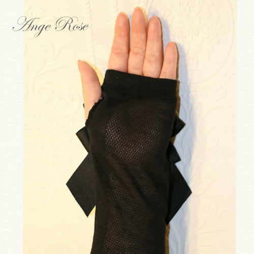 ハンドメイドリボンアームカバー　ブラック　ロングタイプ　UV ハンドメイドリボンアームカバー ブラック ロングタイプ UV