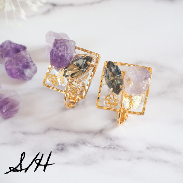 Amethyst stone bijou : パープルアメジスト鉱石のビジューイヤリング 1枚目の画像