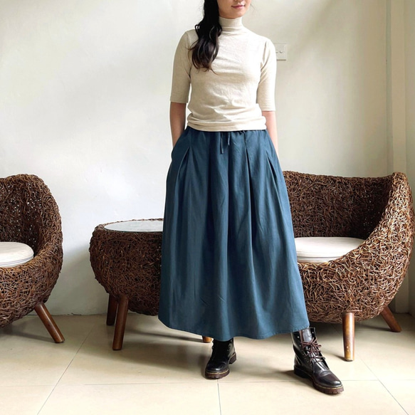 ロングプリーツスカート（コットンリネン素材）ブルーグリーン 2枚目の画像