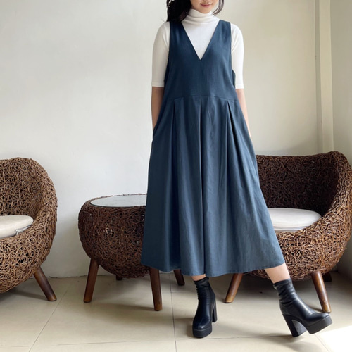 サロペットスカート/ジャンパースカート（green）コットンリネン素材