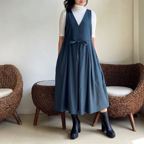 サロペットスカート/ジャンパースカート（green）コットンリネン素材