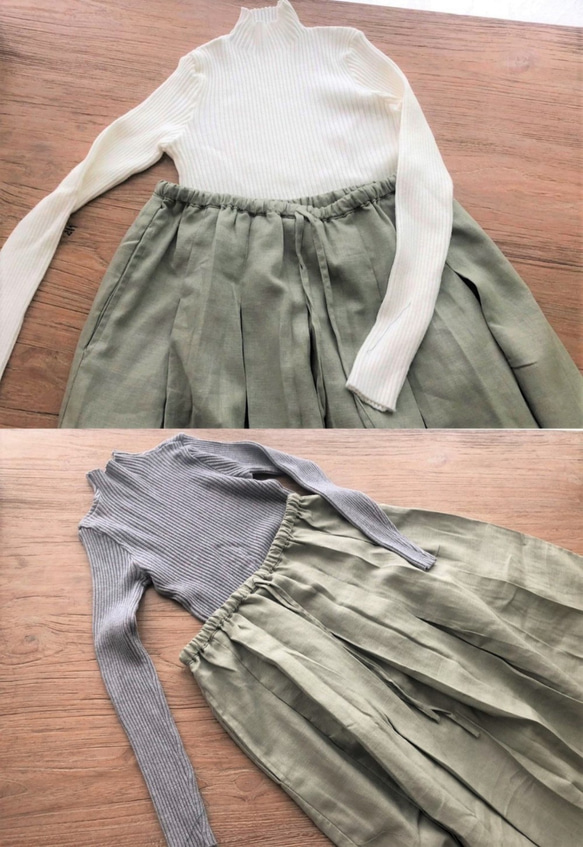 ロングプリーツスカート（コットンリネン素材♪淡いグリーンカーキ色） 7枚目の画像