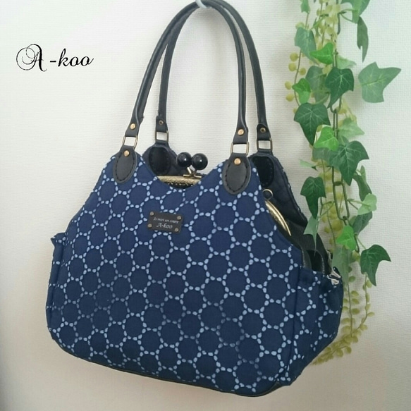 受注製作』サークルレース☆紺＆水☆あおり付きがま口バッグ がま口 A