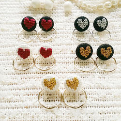 valentine heart 刺繍2wayフープ　ピアス 2枚目の画像