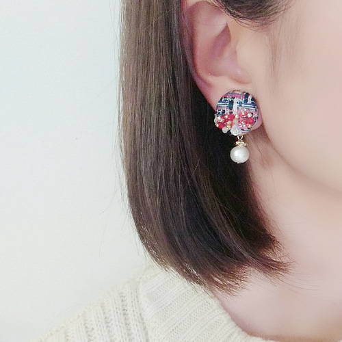ミックスツイード×レッドフラワー刺繍 ピアス/イヤリング ピアス 