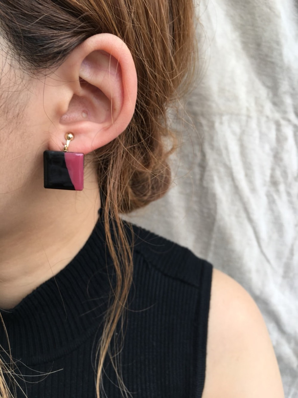 Asymmetry square art pierce(Pink×black) 5枚目の画像