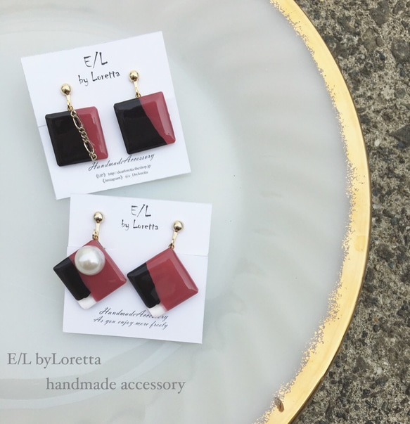 Asymmetry square art earring(Pink×black) 3枚目の画像