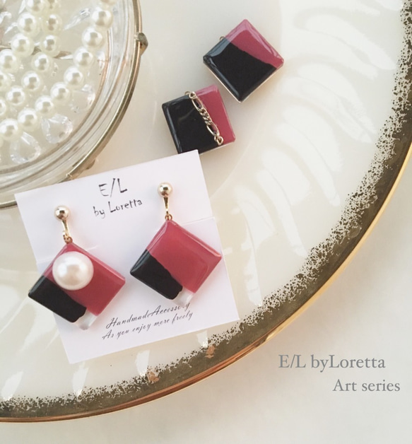 Asymmetry art earring(Pink×black) 7枚目の画像