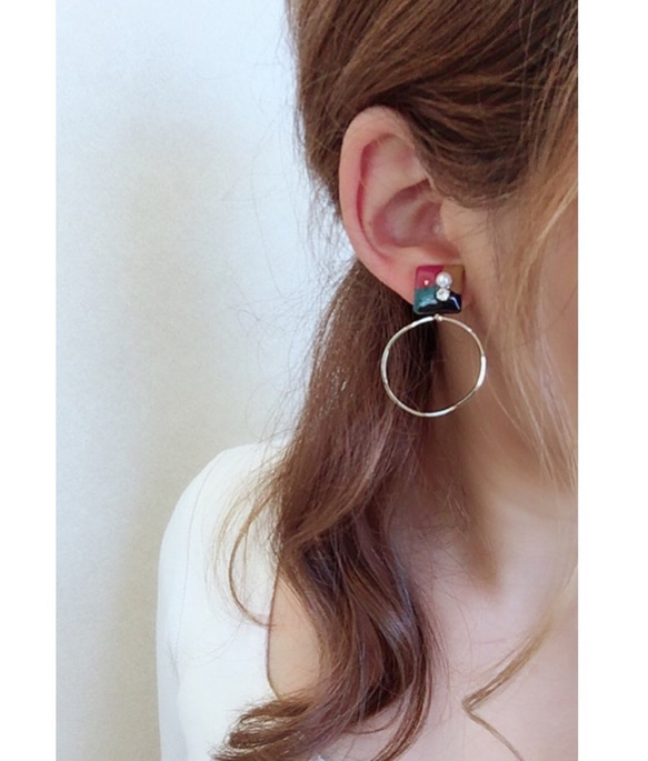 2way art hoop earring(PNK×GRN） 2枚目の画像