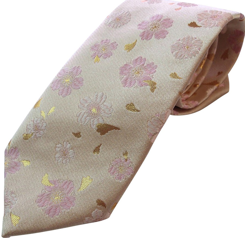 和柄　高級ネクタイ　金襴布利用　おしゃれで和の一本です。＜ピンク薔薇＞