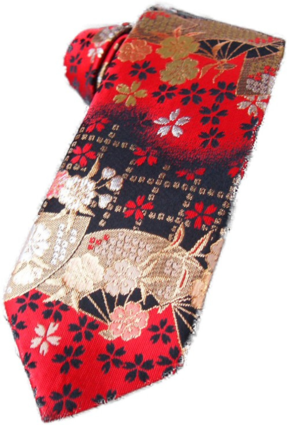 和柄　高級ネクタイ　金らん布利用　おしゃれで和の一本です。＜赤黒扇＞ 1枚目の画像