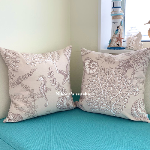 クッションカバー［40cm角］ベージュ 珊瑚 貝殻 シェル タツノオトシゴ