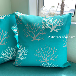 クッションカバー［40cm角 ／ 45cm角］ターコイズブルー ホワイトと