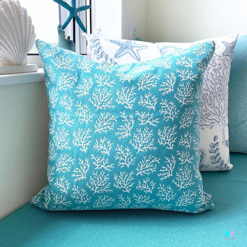 クッションカバー【45cm角用】珊瑚 コーラル ターコイズブルー 白