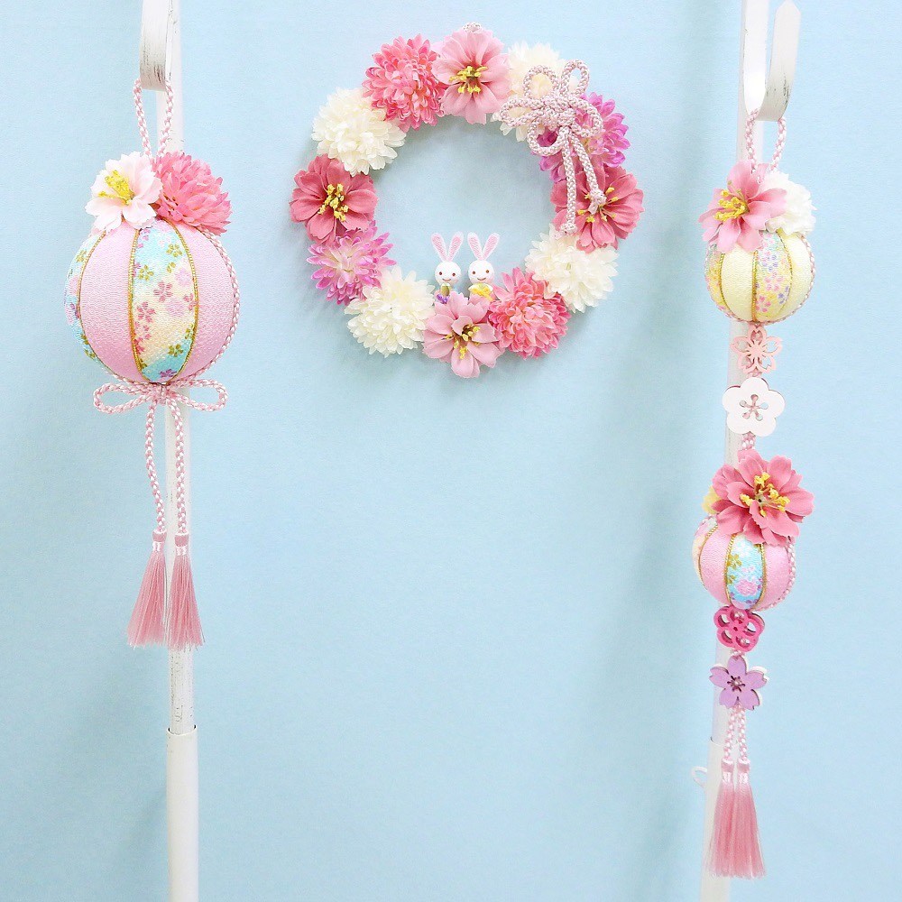 梅子　ひな祭りリース ひなまつりに♪桜の布リース〜うさぎのお雛様つき〜 リース
