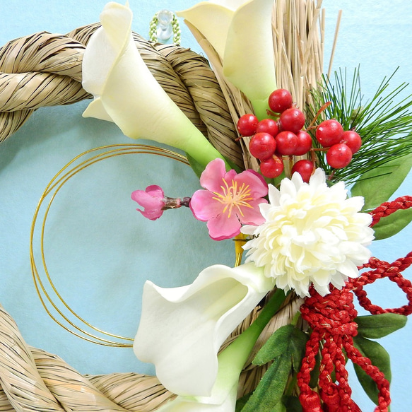 再販×2＊ お正月飾り　しめ縄　カラーと丸菊と桃の花　タッセル付き組紐 ＊ 2枚目の画像