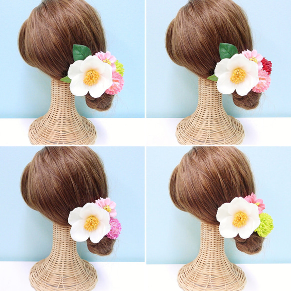 ＊【15点セット】髪飾り 椿(ホワイト&レッド)小花と丸菊＊ 2枚目の画像