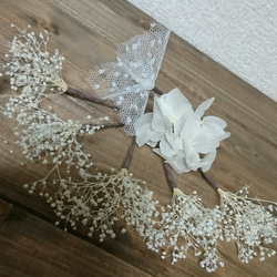 本物花の髪飾り＊かすみ草＋おまけ(チュール１本紫陽花１本) 1枚目の画像