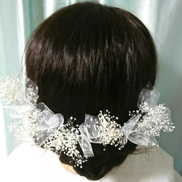 本物花ヘッドドレス♥️かすみ草&チュールの髪飾り 2枚目の画像