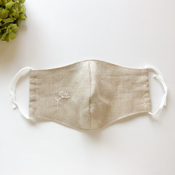 おおきめ！ 麻NUDE・レースフラワー刺繍×白ゴム　立体マスク　洗える手作り布マスク 2枚目の画像