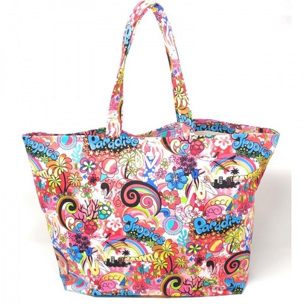 肩にもかけられるハワイアン トートバッグ トロピックスパラダイス柄 ピンク [mhb-fb015L]
