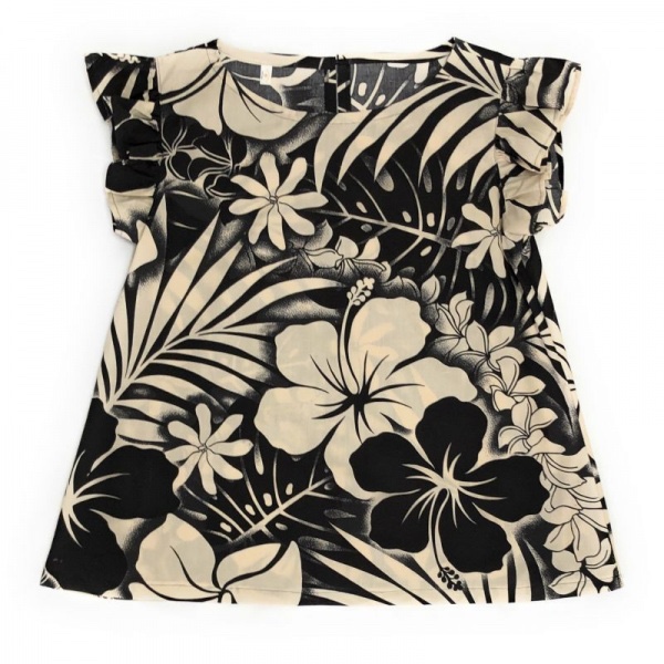 ハワイアン ファブリック フリル袖 Aラインブラウス ハイビスカス柄 ブラック サイズL [hba2-212L]