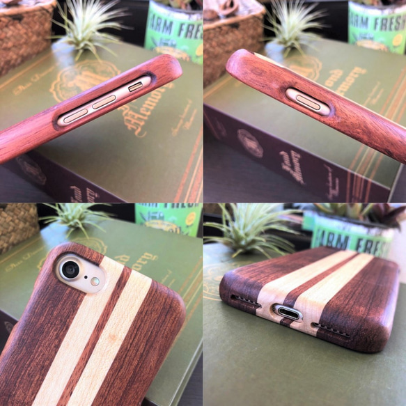 数量限定の特別価格☆木製 iphone7 iphone8 ケース 寄木 ペア＆メープル ボーダー 4枚目の画像