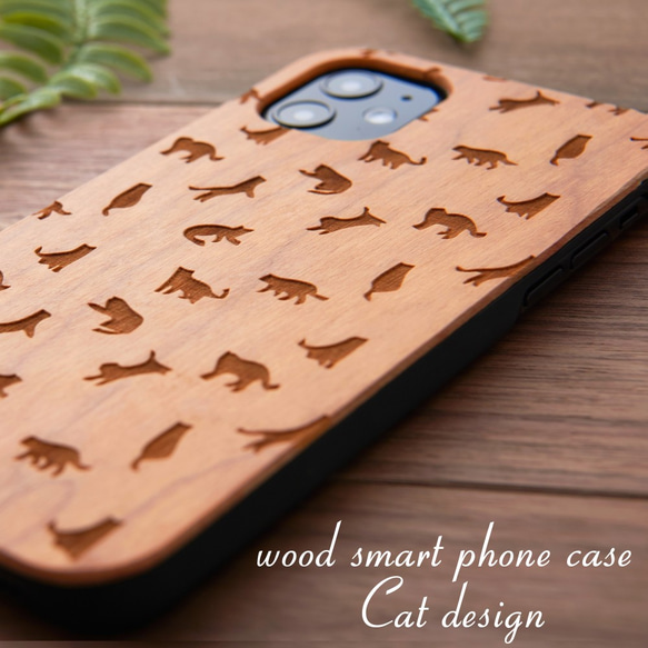 おしゃれな木製 iphoneケース 水玉柄シリーズ ねこ 猫 iphone 15 14 pro SE 13 12 11 1枚目の画像