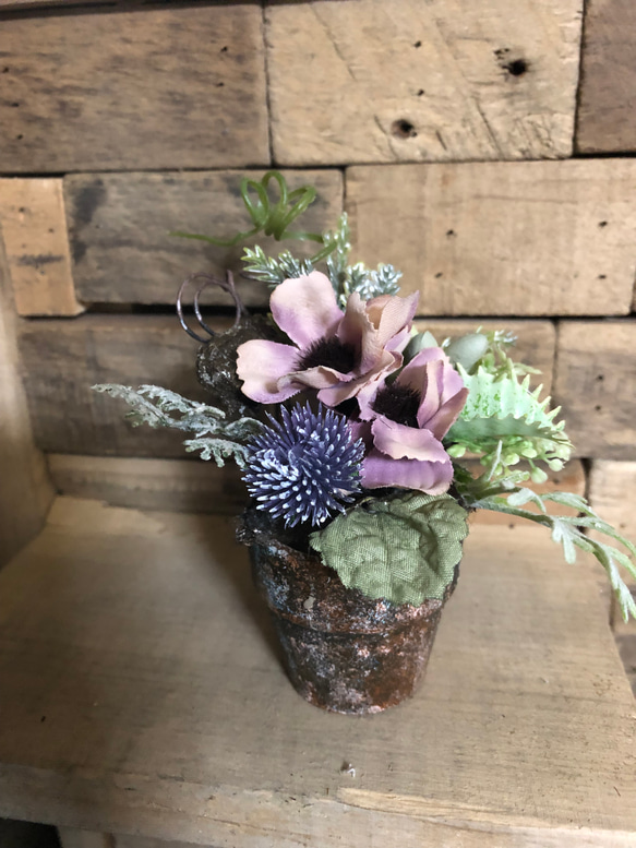 ミニアレンジ、鉢植え、フェイク、インダストリアル風、アンティーク
