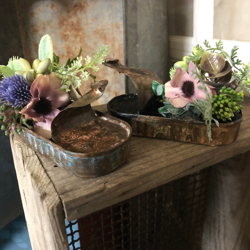 シャビーシックなリメ缶2個セット、ミニアレンジ、フェイク  