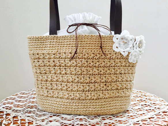 「受注製作」Flower basket 麻ひもカゴバッグ（スリット巾着） 1枚目の画像