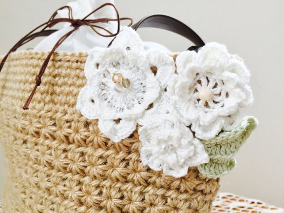 「受注製作」Flower basket 麻ひもカゴバッグ（スリット巾着） 2枚目の画像
