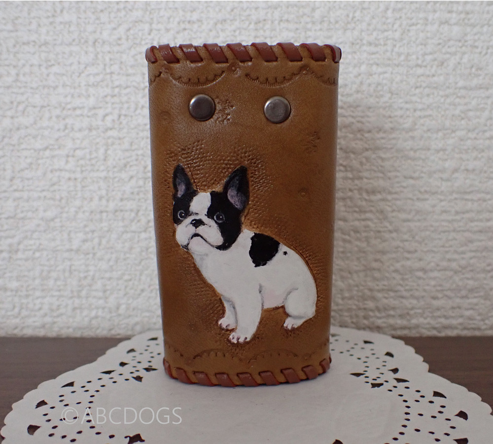 本革キーケース　　フレンチブル　パイド１　ABCDOGS