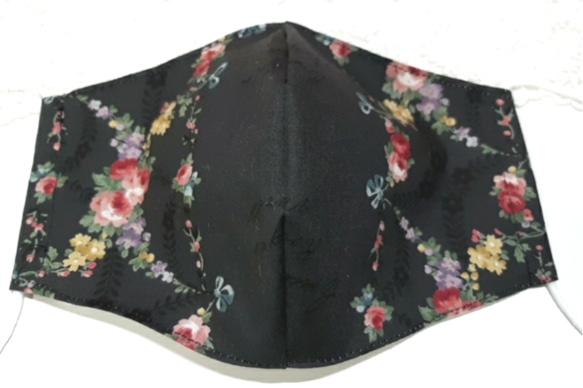 チャコールグレー 薔薇模様 コットン 立体マスク 女性用  フィルターポケットつき 1枚目の画像